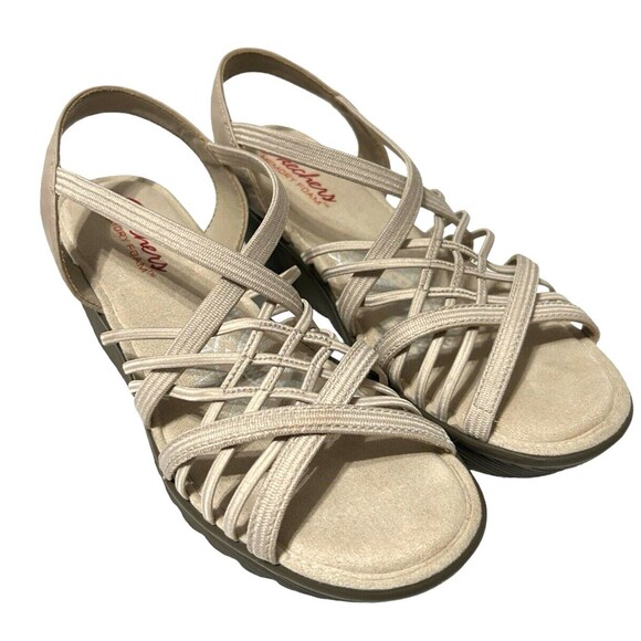 Skechers Memory Foam Multi Gore Sling Back Wedge Strappy Beige Sandals Sz 7.5? - Picture 5 of 16